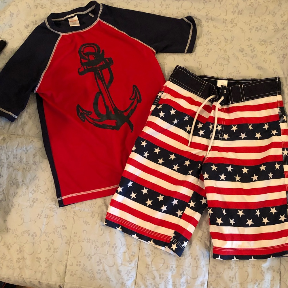 Gymboree swimming trunk plus matching swim shirt red white and blue